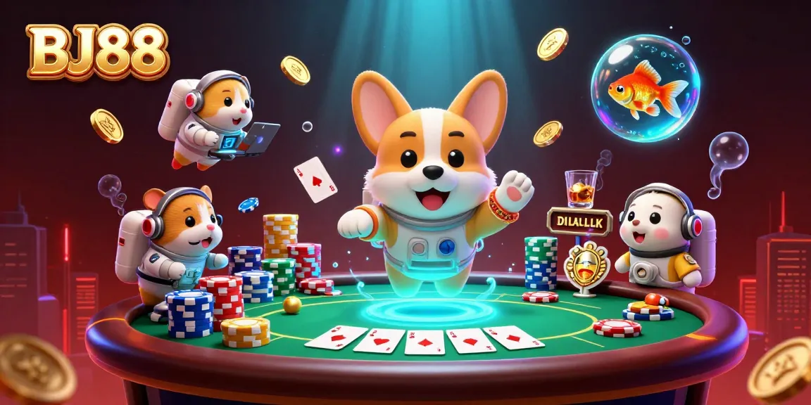 BJ88 casino features a floating corgi astronaut and mission-control hamster in a space-themed illustration.