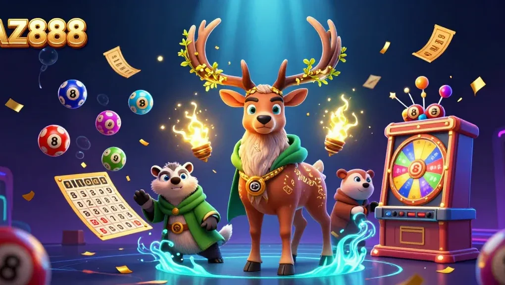Join the magical world of AZ888 where lottery excitement reigns supreme, featuring a druid and enchanting spirit.